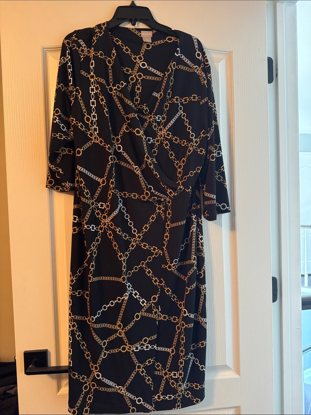 Chico's Black Midi Dress with Gold Chain Print Size 3
